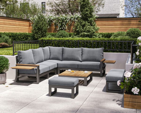 Aluminium & Teak Garden Corner Sofa Set with Grey Cushions - Sequoyah - Rattan Direct