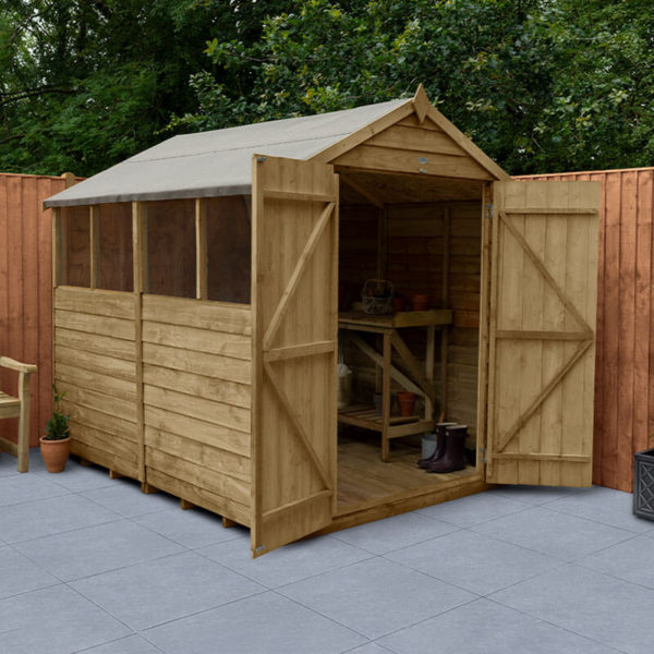 8' x 6' Forest 4Life 25yr Guarantee Overlap Pressure Treated Double Door Apex Wooden Shed - 4 Windows (2.43m x 1.99m)