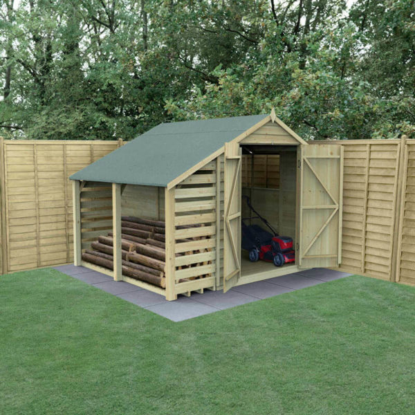 8' x 6' Forest 4Life 25yr Guarantee Overlap Pressure Treated Double Door Apex Wooden Shed with Lean To (2.42m x 2.64m)