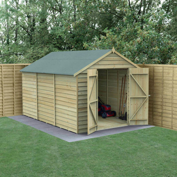 12' x 8' Forest 4Life 25yr Guarantee Overlap Pressure Treated Windowless Double Door Apex Wooden Shed (3.6m x 2.61m)