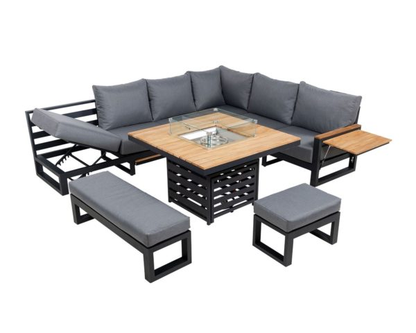 Aluminium & Teak Garden Corner Sofa Set with Adjustable Firepit & Multi-Functional Seat - Sequoyah - Rattan Direct