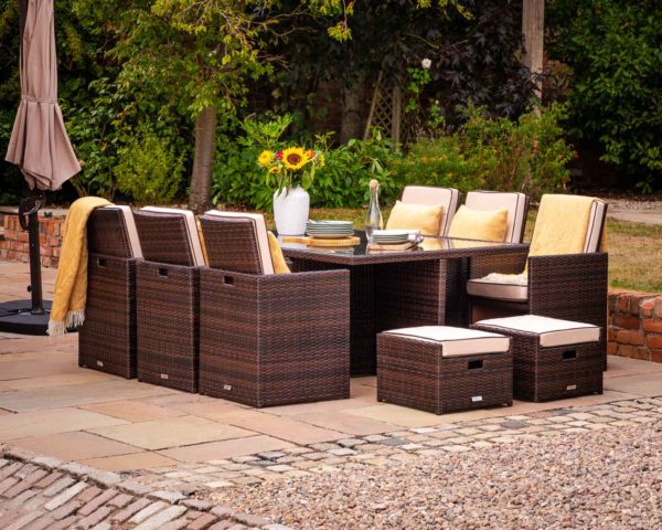 6 Seat Rattan Garden Cube Dining Set in Brown with Footstools - Barcelona - Rattan Direct