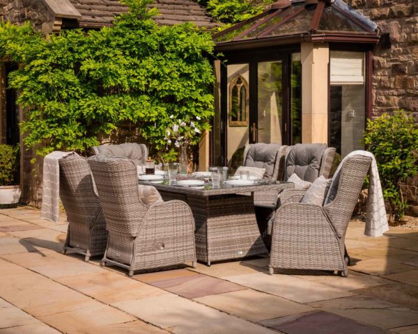 6 Reclining Rattan Garden Chairs & Large Rectangular Fire Pit Dining Table in Grey - Fiji - Rattan Direct