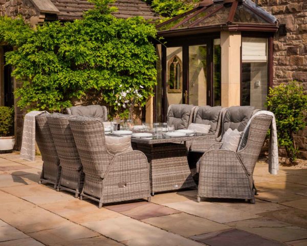 8 Reclining Rattan Garden Chairs & Large Rectangular Fire Pit Dining Table in Grey - Fiji - Rattan Direct