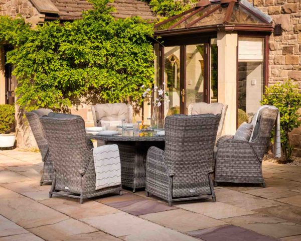 6 Reclining Rattan Garden Chairs & Large Round Fire Pit Dining Table in Grey - Fiji - Rattan Direct