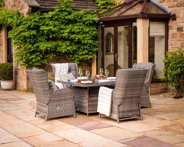 4 Reclining Rattan Garden Chairs & Square Ice Bucket Dining Table in Grey - Fiji - Rattan Direct