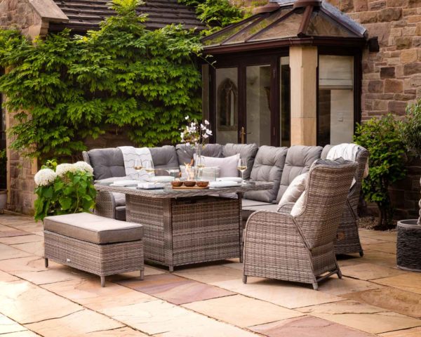 Reclining Rattan Corner Sofa Set with Square Fire Pit Table in Grey - Fiji - Rattan Direct