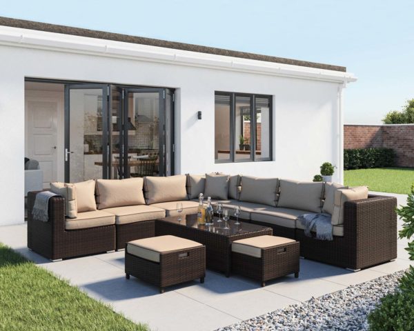 Rattan Garden Corner Sofa Set in Brown & Cream - Geneva 11 Piece - Rattan Direct