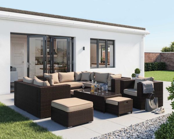 Rattan Garden Corner Sofa Set in Brown with Cream Cushions - Geneva - Rattan Direct