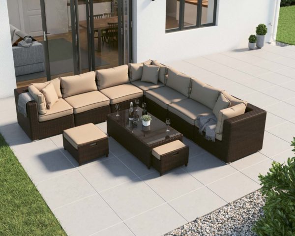 Rattan Garden Corner Sofa Set in Brown - Geneva 10 Piece - Rattan Direct