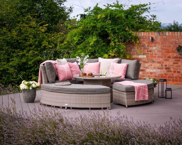 Round Rattan Garden Day Bed With Ice Bucket Table in Grey - Amalfi - Rattan Direct