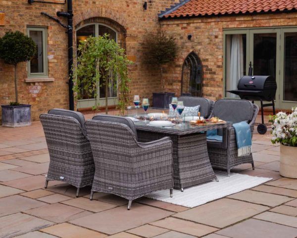 4 Seat Rattan Garden Dining Set With Rectangular Table in Grey With Fire Pit - Lyon - Rattan Direct