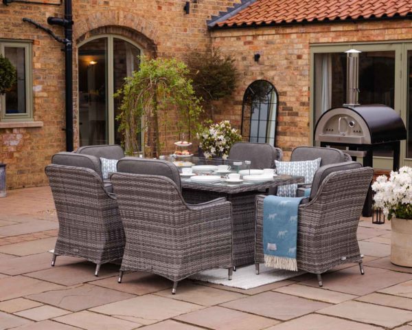 6 Seat Rattan Garden Dining Set With Rectangular Table in Grey With Fire Pit - Lyon - Rattan Direct