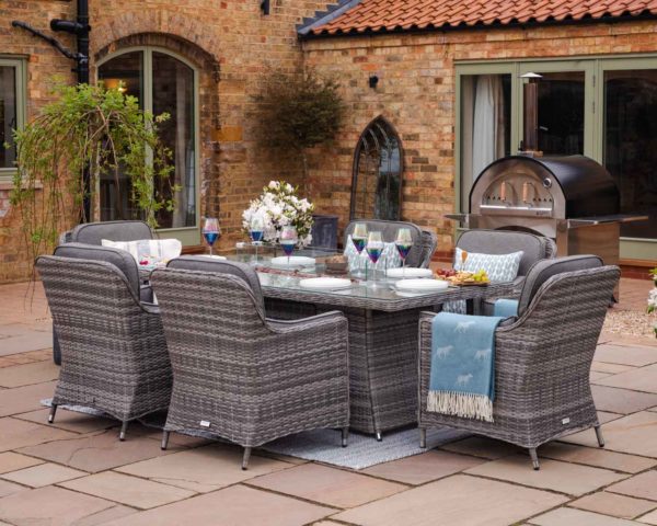 6 Seater Rattan Garden Dining Set With Round Table in Grey With Fire Pit - Lyon - Rattan Direct