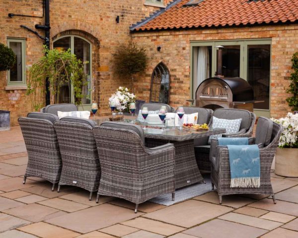 8 Seat Rattan Garden Dining Set With Rectangular Table in Grey With Fire Pit - Lyon - Rattan Direct