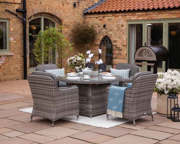 4 Seat Rattan Garden Dining Set With Round Table in Grey With Fire Pit - Lyon - Rattan Direct