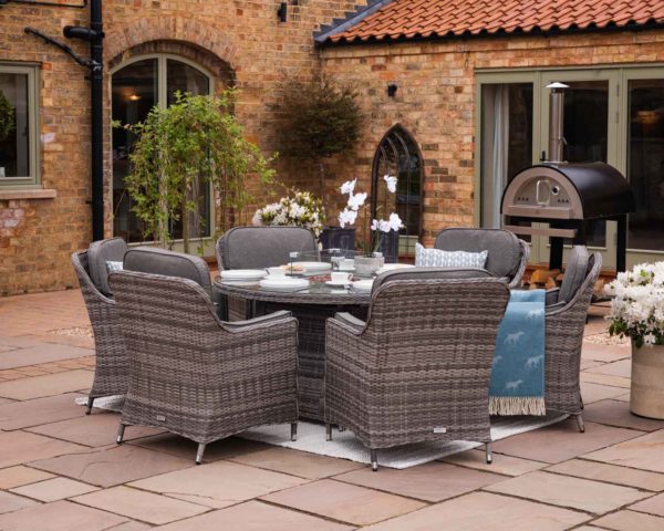 6 Seat Rattan Garden Dining Set With Round Table in Grey With Fire Pit - Lyon - Rattan Direct