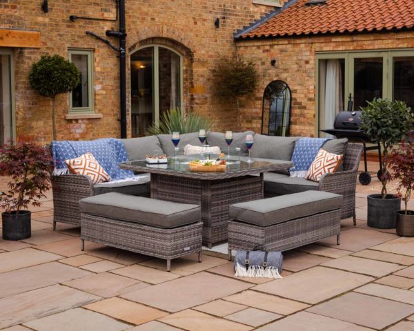 Rattan Garden Corner Dining Set with Square Fire Pit Dining Table in Grey - Monte Carlo - Rattan Direct