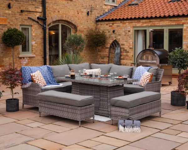 Rattan Garden Corner Dining Set with Rectangular Fire Pit Dining Table in Grey - Monte Carlo - Rattan Direct