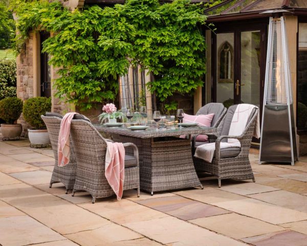 4 Seat Rattan Garden Dining Set With Rectangular Table in Grey With Fire Pit - Marseille - Rattan Direct