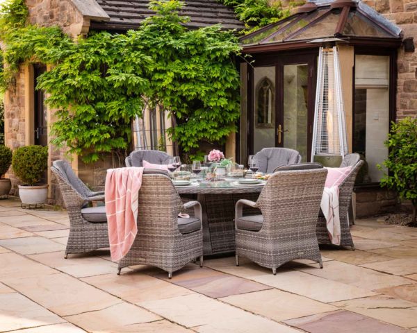 6 Seat Rattan Garden Dining Set With Large Round Table in Grey With Fire Pit - Marseille - Rattan Direct