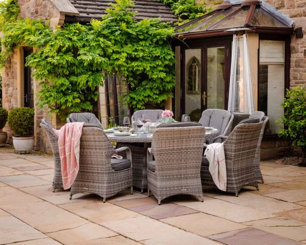 8 Seater Rattan Garden Dining Set With Large Round Table in Grey With Fire Pit - Marseille - Rattan Direct