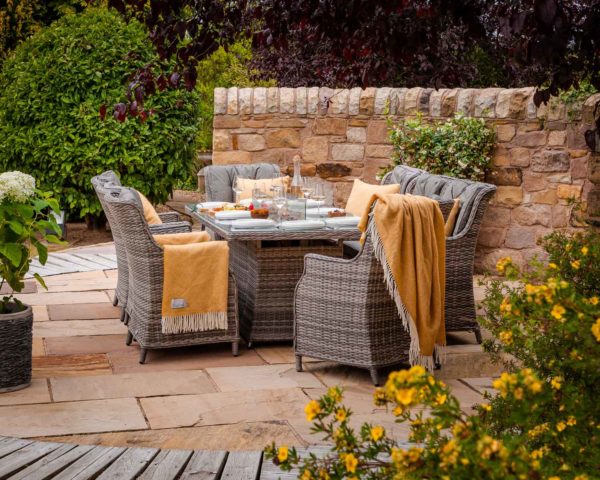 8 Seat Rattan Garden Dining Set With Rectangular Table in Grey With Fire Pit - Riviera - Rattan Direct