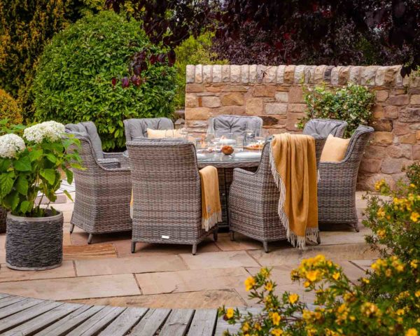 8 Seater Rattan Garden Dining Set With Large Round Table in Grey With Fire Pit - Riviera - Rattan Direct