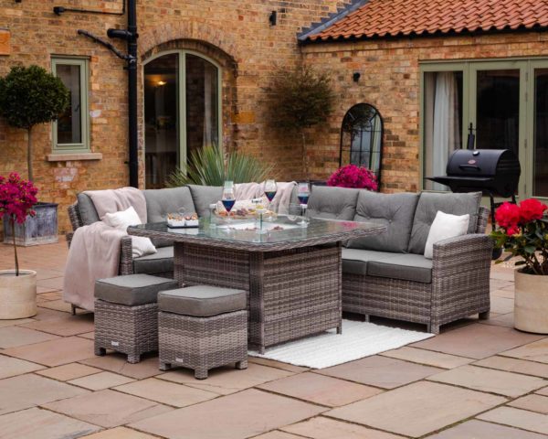 Rattan Garden Corner Dining Set With Fire Pit Table in Grey - Sorrento - Rattan Direct