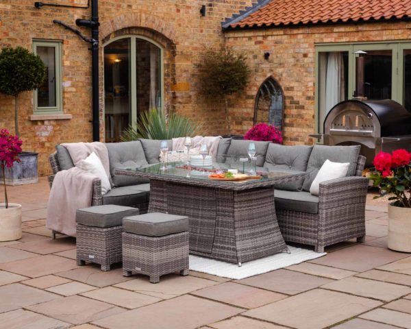 Rattan Garden Corner Dining Set With Rectangular Fire Pit Table in Grey - Sorrento - Rattan Direct